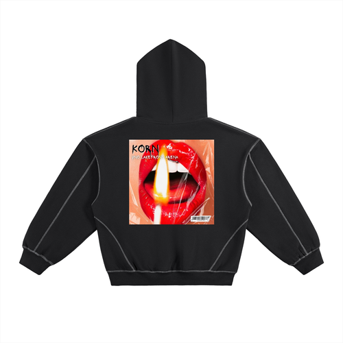 Contrast-Stitched Boxy Korn Fleece Hoodie