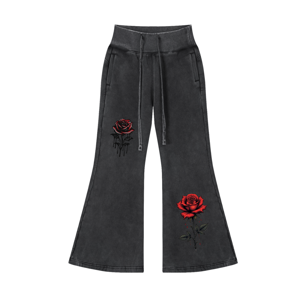 Vintage Washed Flared red rose Fleece Pants
