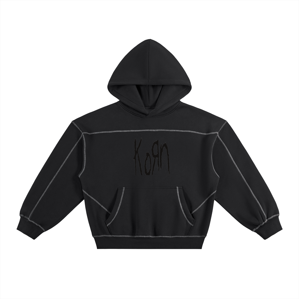 Contrast-Stitched Boxy Korn Fleece Hoodie