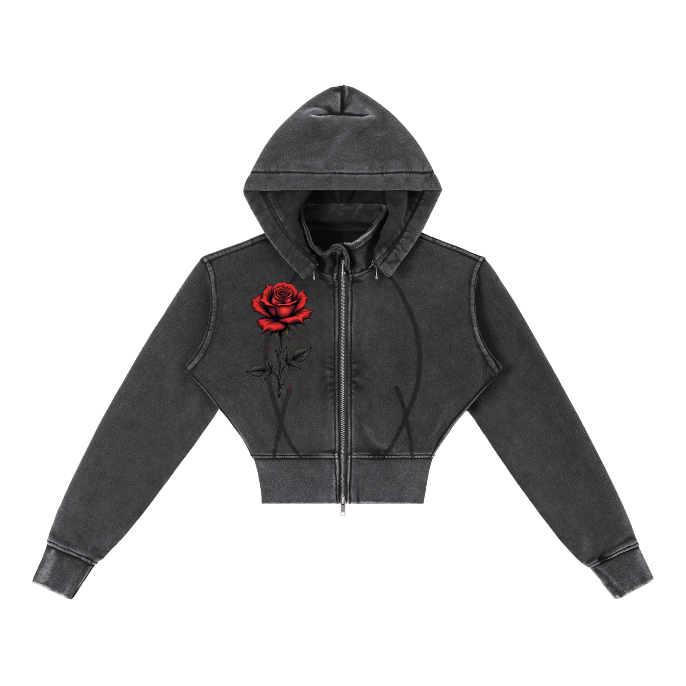 Vintage Washed Cropped Fleece red rose Hoodie
