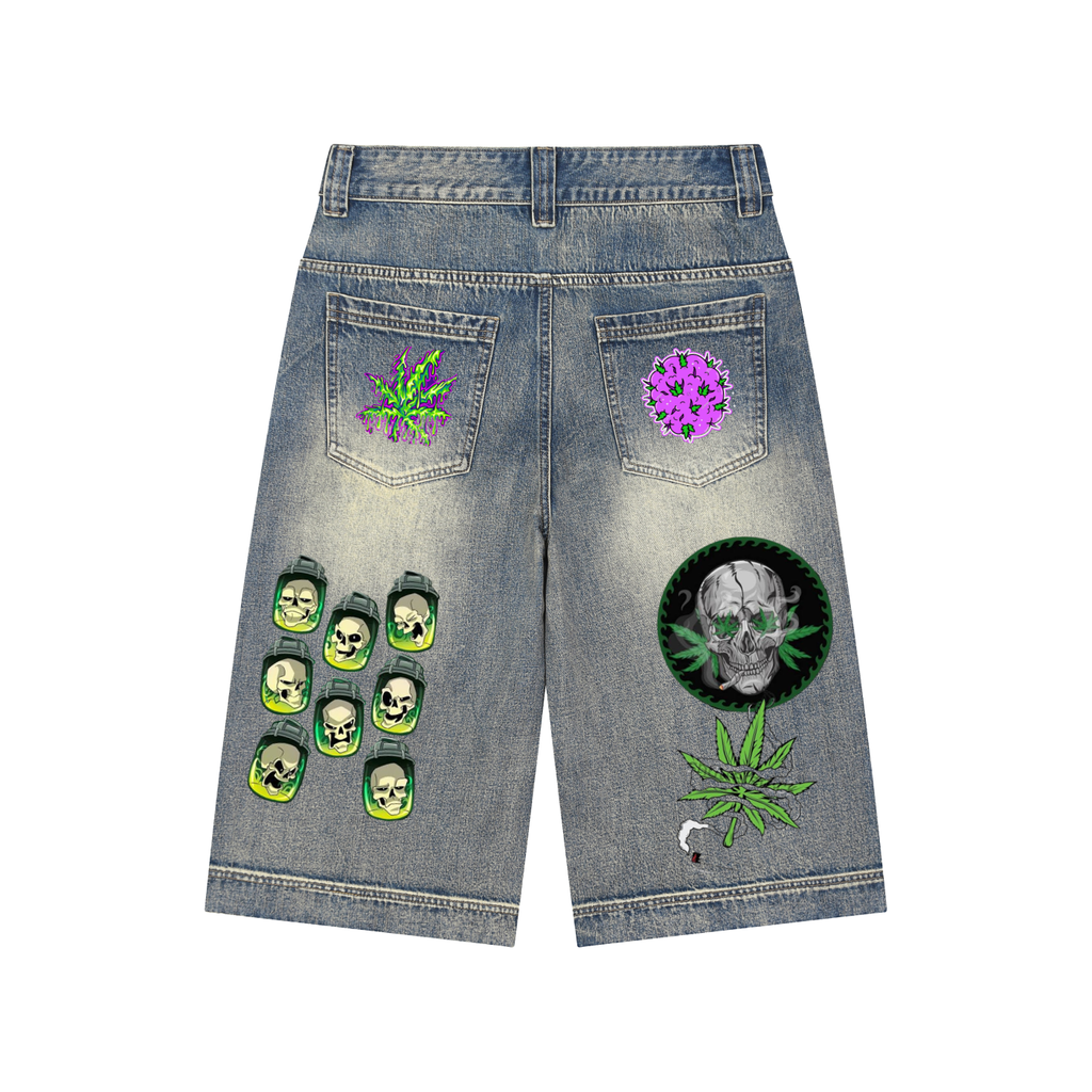Green skull Baggy Denim Shorts