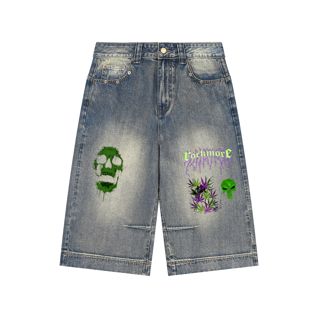 Green skull Baggy Denim Shorts