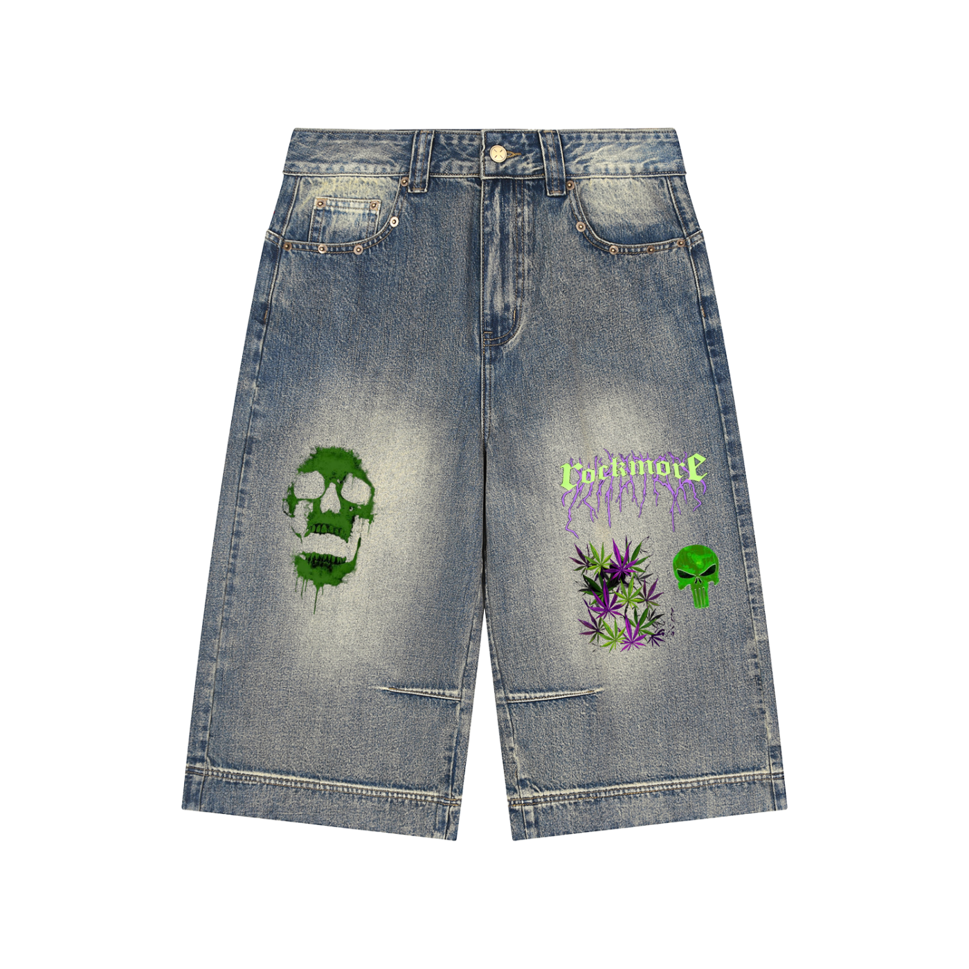 Green skull Baggy Denim Shorts